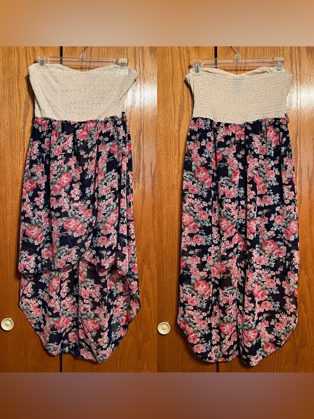 Floral Strapless Hi-Low Dress with Crochet Bodice